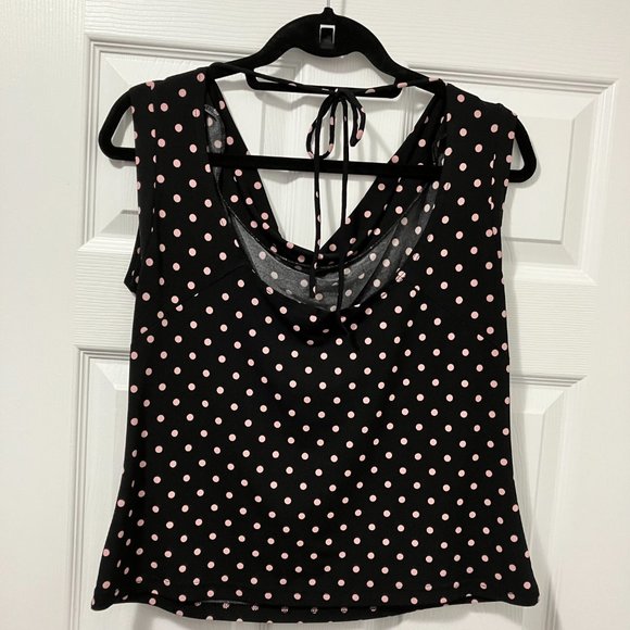 Dressy sleeveless top w/ draped neckline - black with light pink polkadots, Lg - Picture 3 of 4